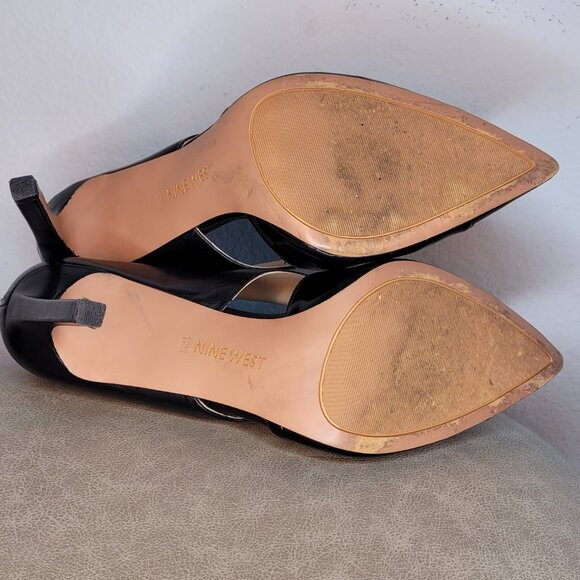 Nine West Black Leather Patent Cross Strap Pumps 12M Rare Elegant Stiletto Heels - Picture 7 of 10